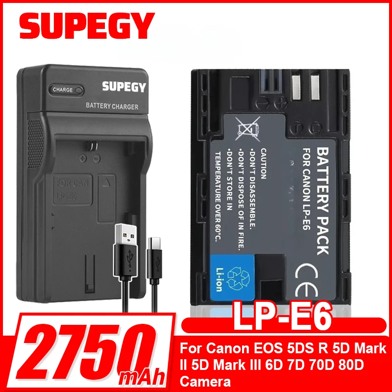 2750mAh LP-E6 LPE6 LP E6 E6N Battery or LED Dual Charger for Canon EOS 5DS R 5D Mark II 5D Mark III 6D 7D 70D 80D Camera