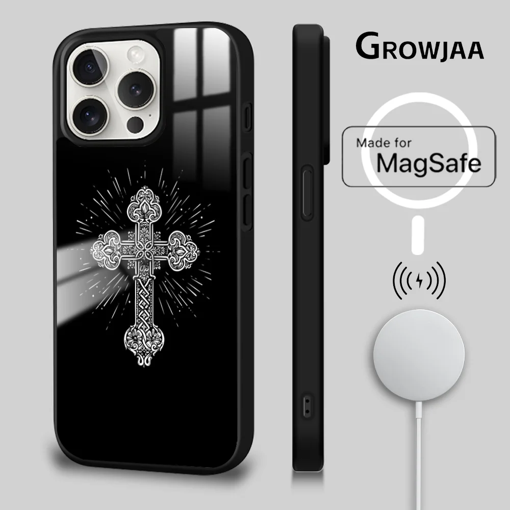 Orthodox Sacred Cross Icon Phone Case For iPhone 16 15 14 13 12 11 Pro Max Plus Mini New Magsafe Mirror Wireless Magnetic Cover