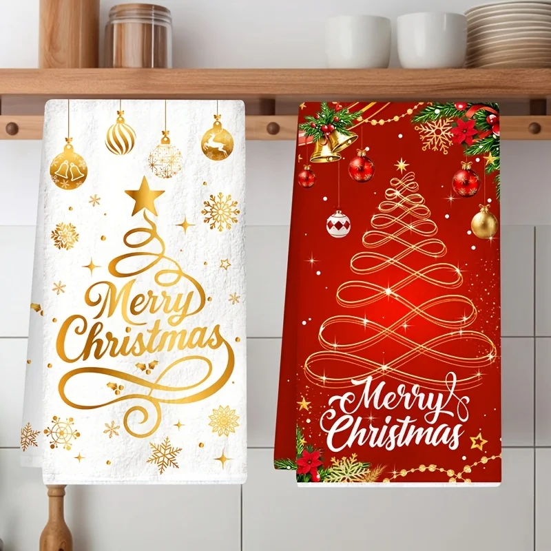 Pack of 2, Merry Christmas Kitchen Towel, Golden Christmas Tree Snowflake Dish Towel
