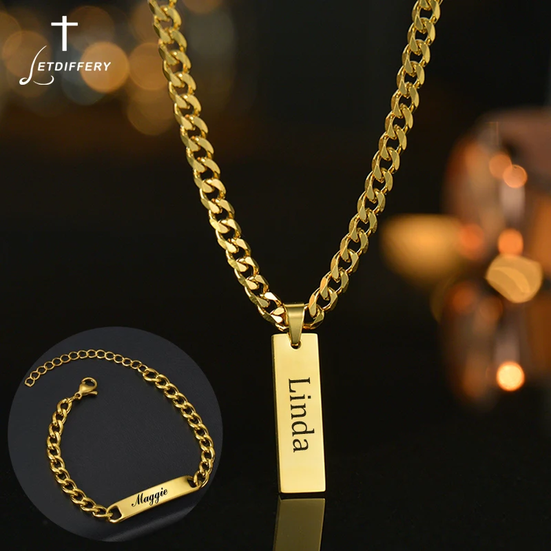 Letdiffery Personalized Engrave Name Square Pendant Necklace Bracelet Stainless Steel Custom Date Text ID Bar Choker Jewelry