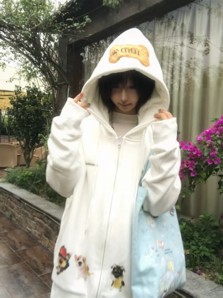 Niedlicher Kapuzenpullover mit Hundeknochen-Aufdruck für Damen, Übergröße, FCE-gefüttert, verdickte Herbst-Winter-Oberbekleidung, Strickjacke, lang, Sve-Reißverschluss