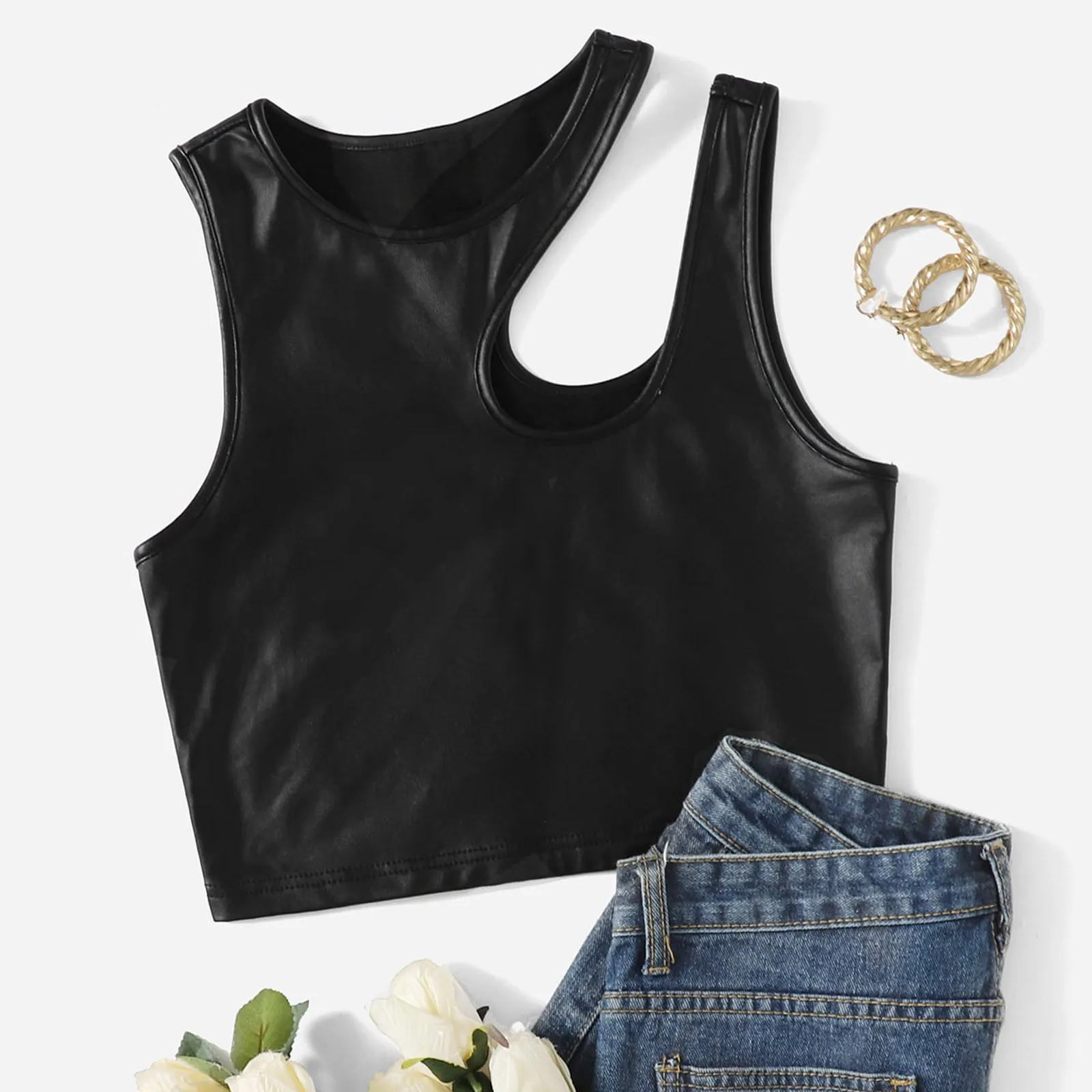 Sexy Strappy Leather Tank Top for Women Summer Solid O-neck Sleeveless Crop Tops Street Vintage Fashion Shirt Vest Y2K Clothes