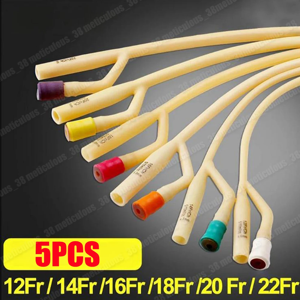 5pcs 2 Way Balloon Latex Foley Catheter Sterilized Urethral Latex Catheter with Soft Valve Disposable Sterile Male 8FR-22FR