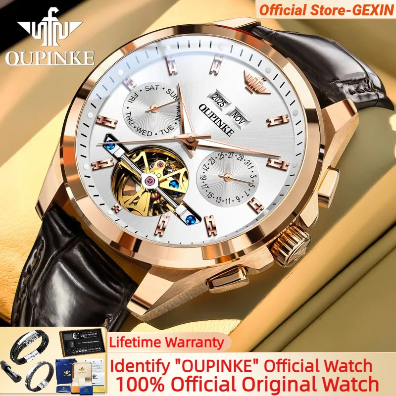 

OUPINKE 3291 Mens Watch Flywheel Multifunctional Dial Leather Strap 50M Waterproof Top Luxury Automatic Mechanical Man Watches