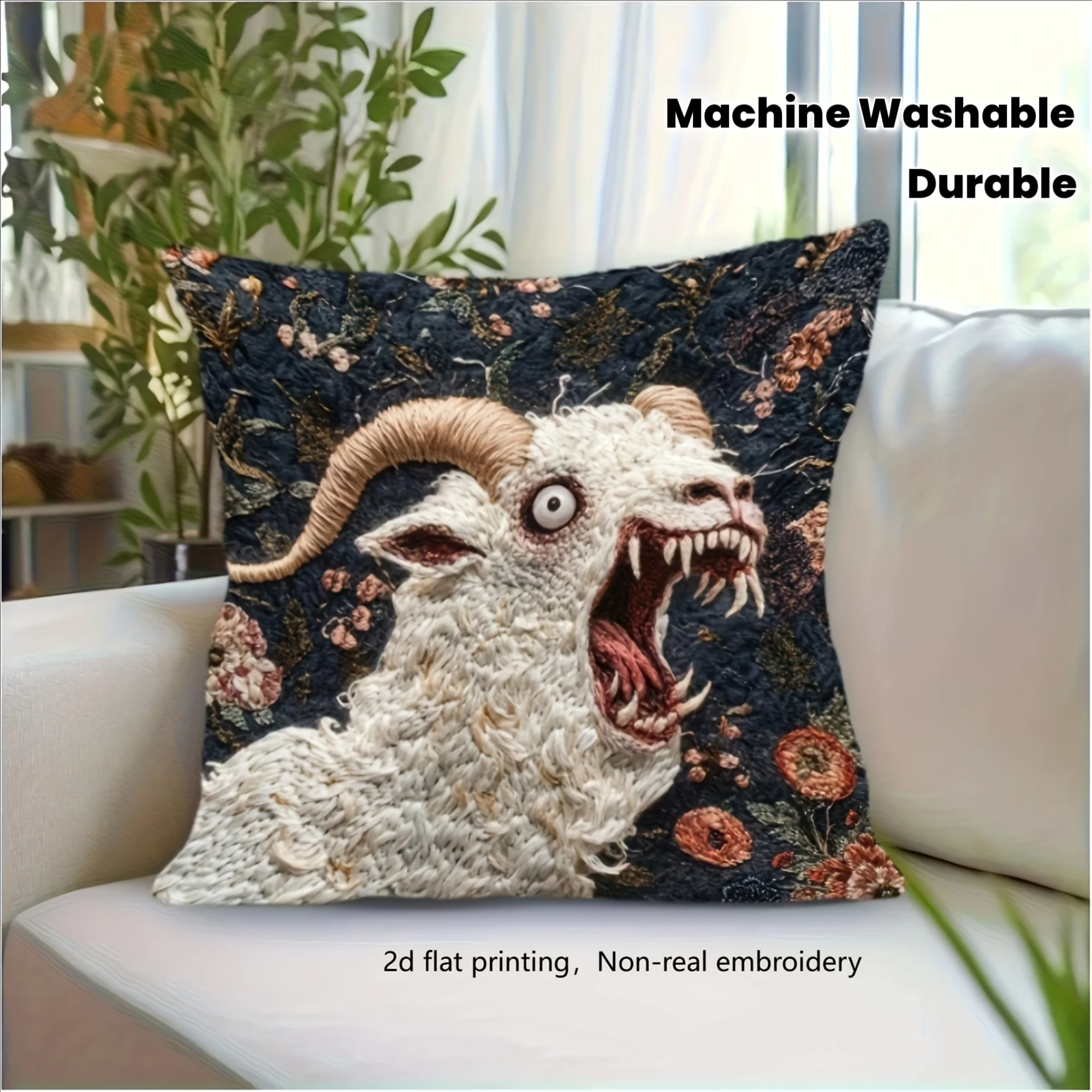 2D Flat Printing 1pc Retro Goats and Floral Art Pillowcase - Determined Horned Bills, Distinctive Dark Backgrounds, Non-real Embrodiery 2d Plain Design with Zipper Closure Machine Washable Polyester Suitable for Office Farmhouse Living Room or Bedroom