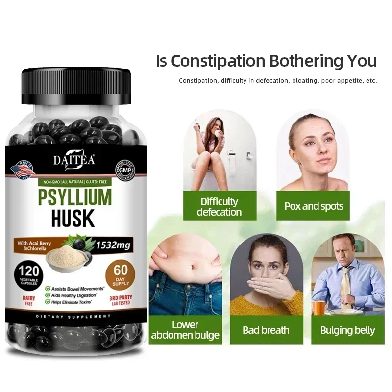 Psyllium Husk Capsules, Good for Gut Health, Cleansing, Detoxification, Digestive System, Non-GMO