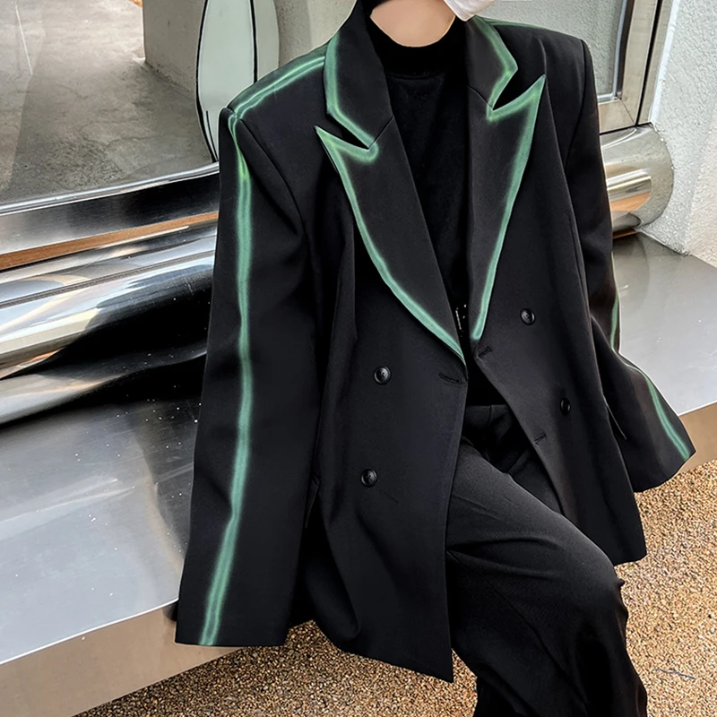 IEFB 2024 Korean Style Male Blazer Autumn Winter Personalized Spray Painted Green Stripe Fashionable Suit Jacket New Chic 9C7171