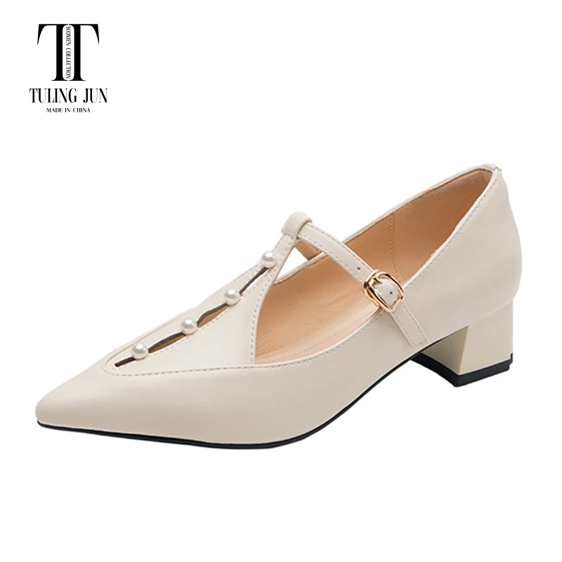 

TULING JUN 2024 New Spring Autumn Women's Shoes Medium Heel Pointed Toes Sense Of Design Comfortable Pearls T-shoes For Women L