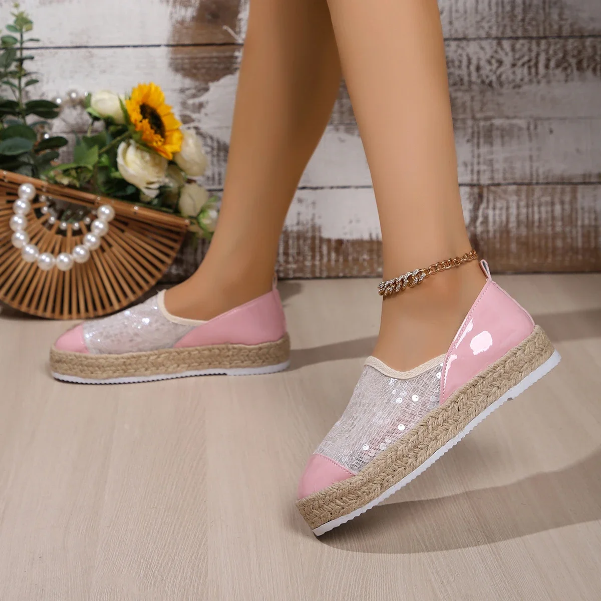 Splicing Sequins sapatos casuais para mulheres, moda slip-on malha tênis, mocassins vulcanizados, tamanho grande 43