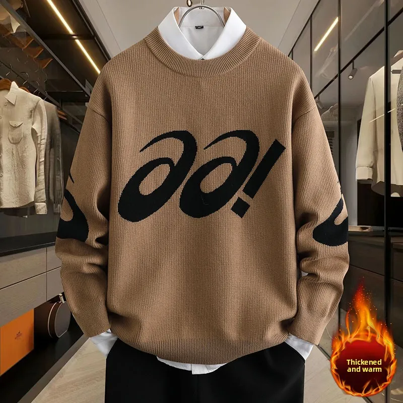 

Утепленный вязаный свитер с вышивкой букв, круглый вырез, мужской, осенне-зимний, новый, повседневный, модный, базовый слой для ношения под одеждой