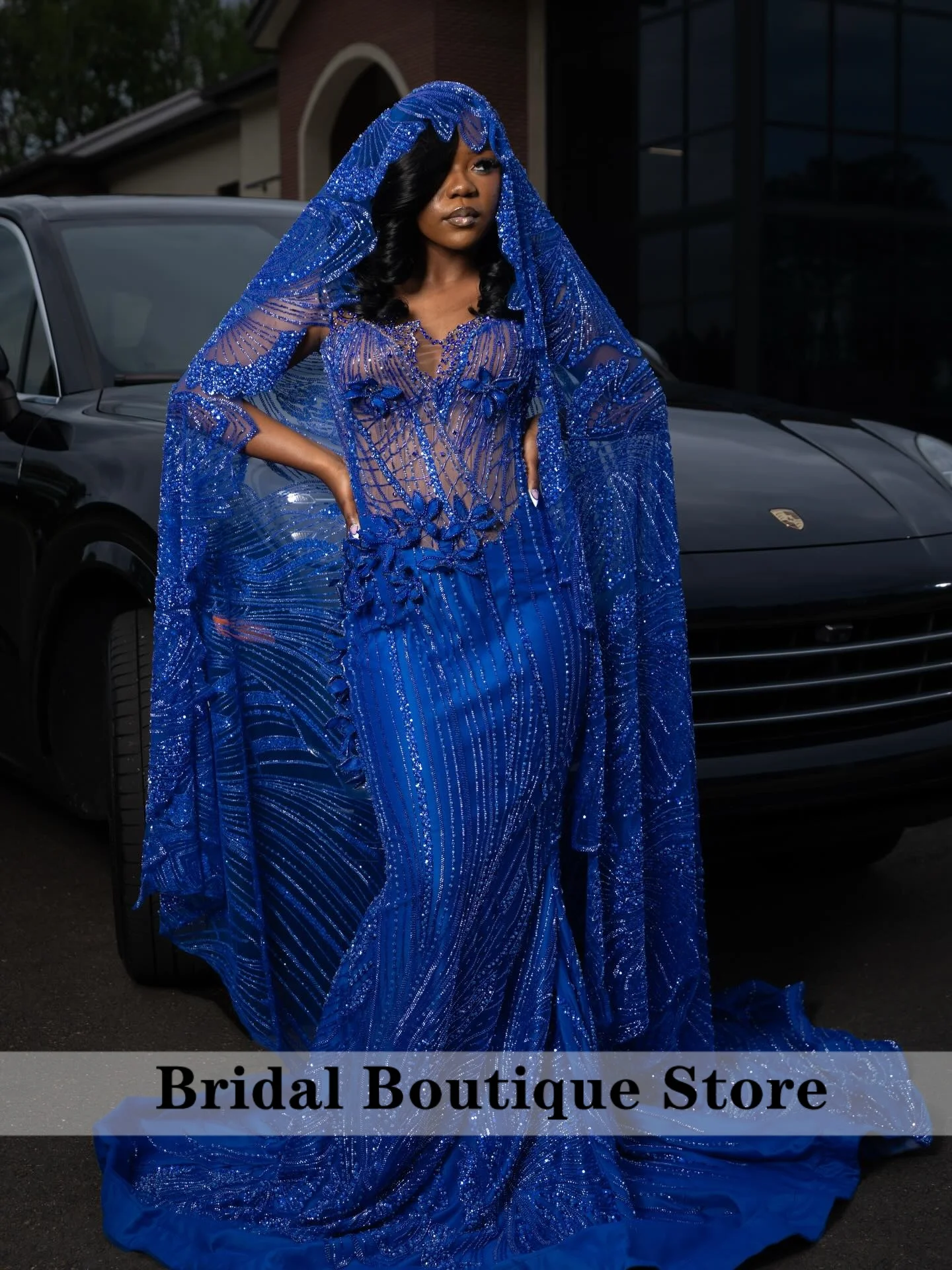 Luxury Royal Blue Beaded Cape Train Mermaid Formal Evening Prom Party Formal Party Gown Customized