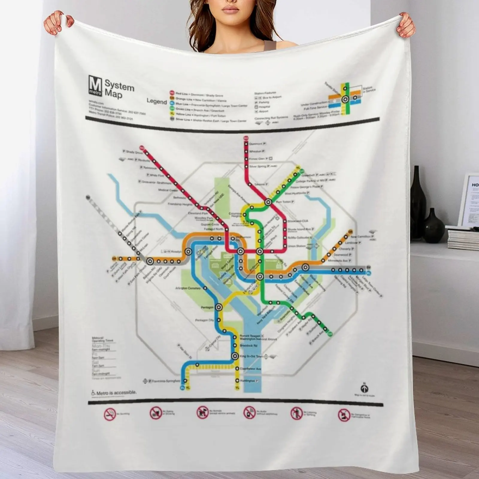 

Washington DC Metro Map Silver Line Throw Blanket Thermal Luxury Blankets