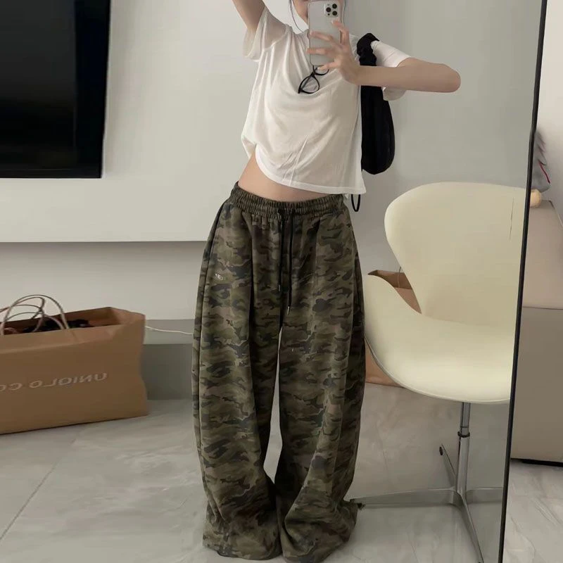 Y2K Vintage Camouflage Pants Women American Streetwear Baggy Sweatpants Summer Fashion Casual All Match Wide Leg Trousers New