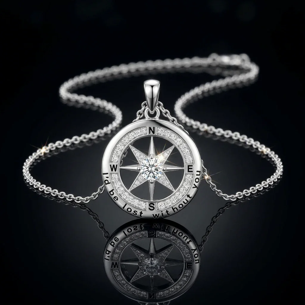 Engraved Sentiment Compass Star Necklace S925 Silver Micro Pave Zircon Round Pendant Romantic Anniversary Valentine Gift For Her