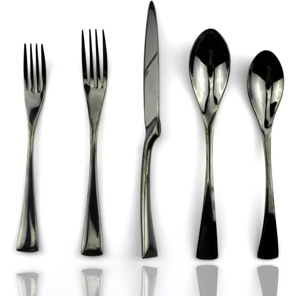 

18/10 stainless steel 20 piece mirror polished black tableware set, knife fork, salad fork, dessert spoon, 4 people, black