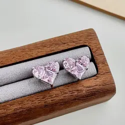 Real S925 Silver Heart Earrings Women Pink Diamond Earrings Female Shiny 5A Zircon Luxury Jewelry Girl Gift Lady Party Banquet