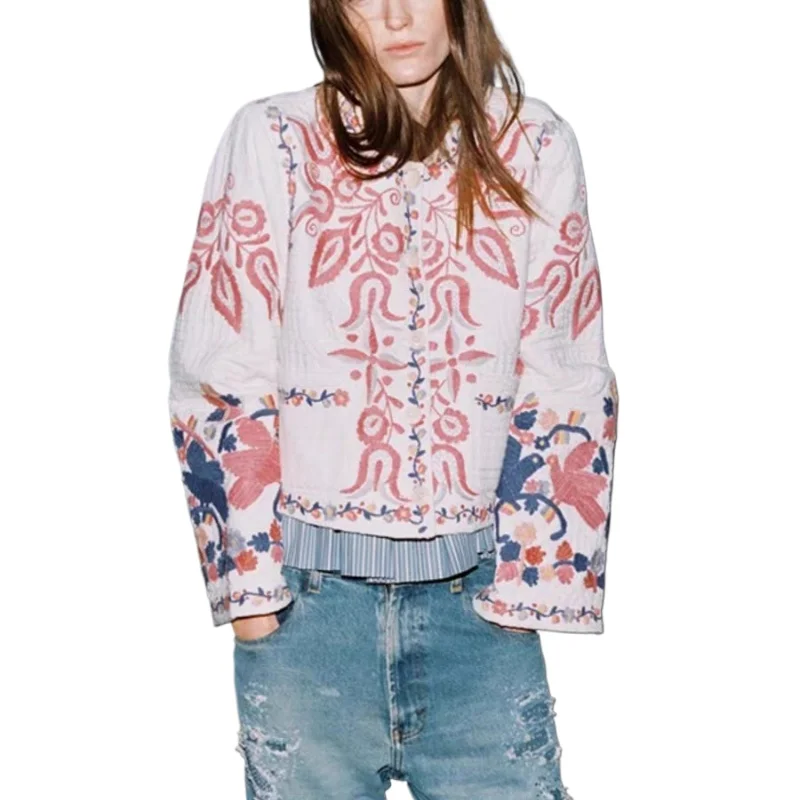 

Women's vintage embroidered jacket round neck long sleeve loose comfortable ladies winter warm top