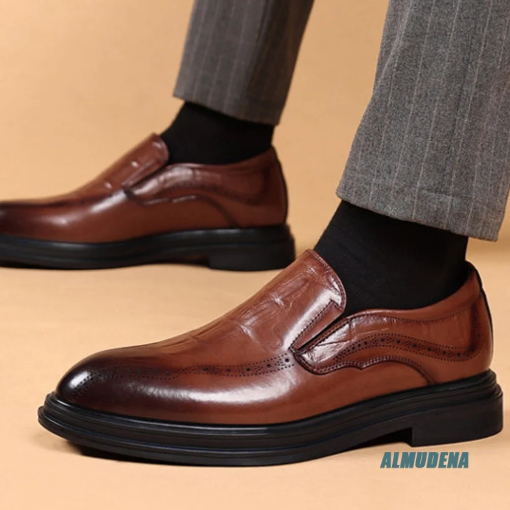 Business Men Brogue Loafers Thick Sole Genuine Leather Formal Dress Shoes Trendy Multicolor Versatile Spring Autumn Party Shoes 6