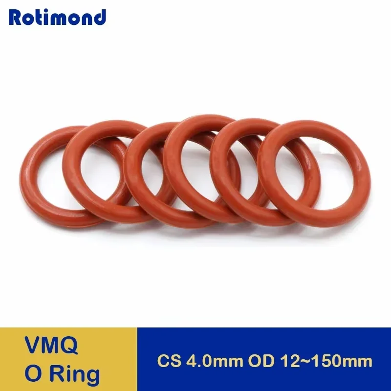 

10/50pcs VMQ O Ring Gasket CS 4mm OD 12 ~ 150mm Red Waterproof Washer Round O Shape Silicone Ring Food Grade