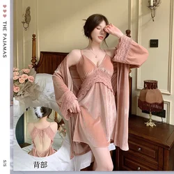 Autumn Winter Lace Velour Robe Set Women Sling Solid Two Piece Set Kimono Sleep Suit Velvet Nightgown Home Dress