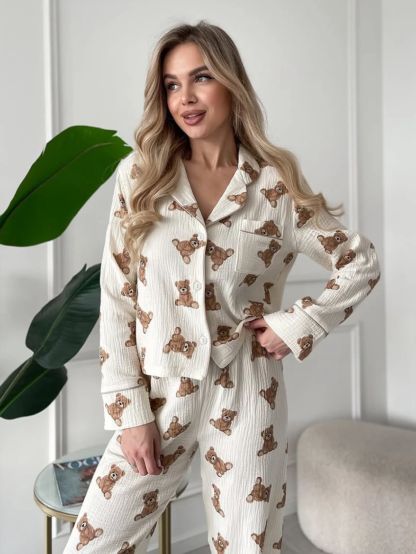 Martahqiqi Printing Women Pajamas Suit Long Sleeve Nightgowns Sexy Turn-Down Collar Nightwear Pants Casual Ladies Sleepwear Set