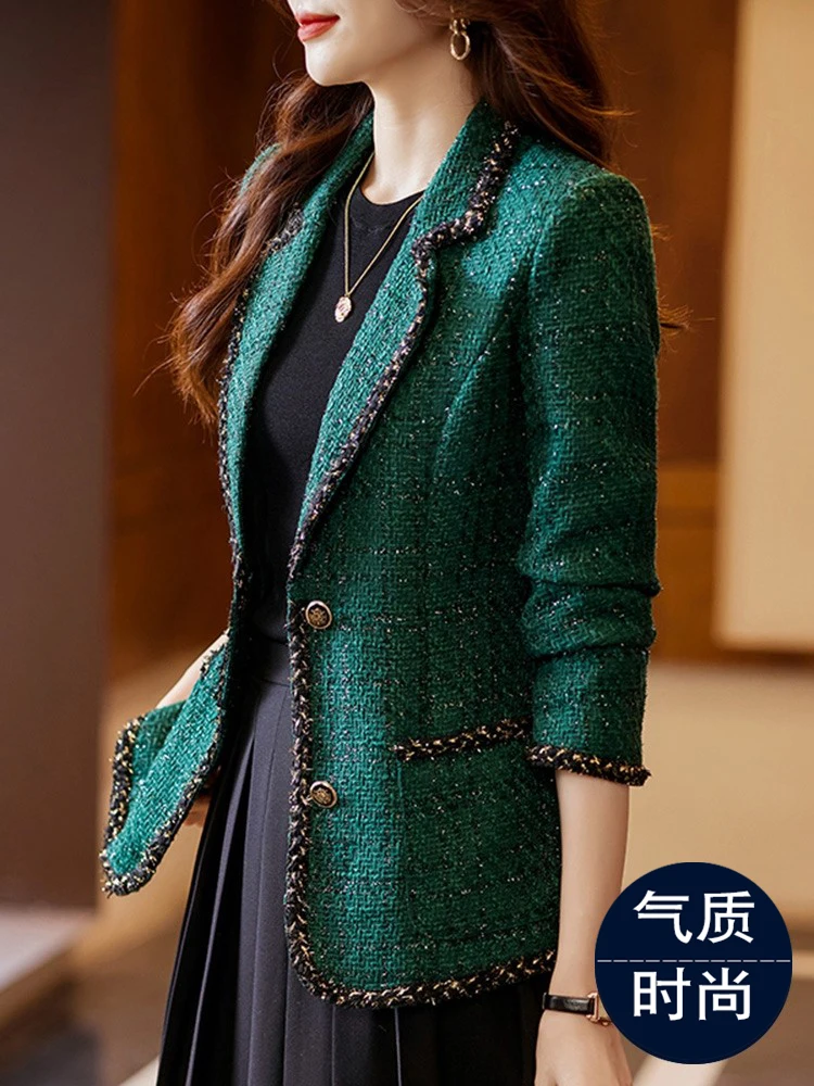 

Autumn Winter Ladies Casual Blazer Women Black Green Plaid Jacket Female Long Sleeve Single Breasted Slim Coat