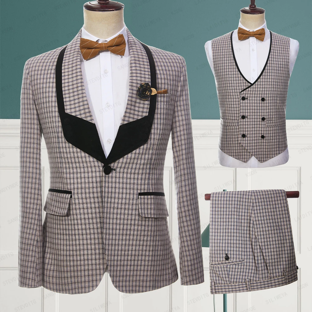 2023 Latest Formal Fashion Men Linen Suits Khaki Reto Classic Plaid Black Lapel Groom Wedding Tuxedo 3 Pcs Set Jacket Vest Pants