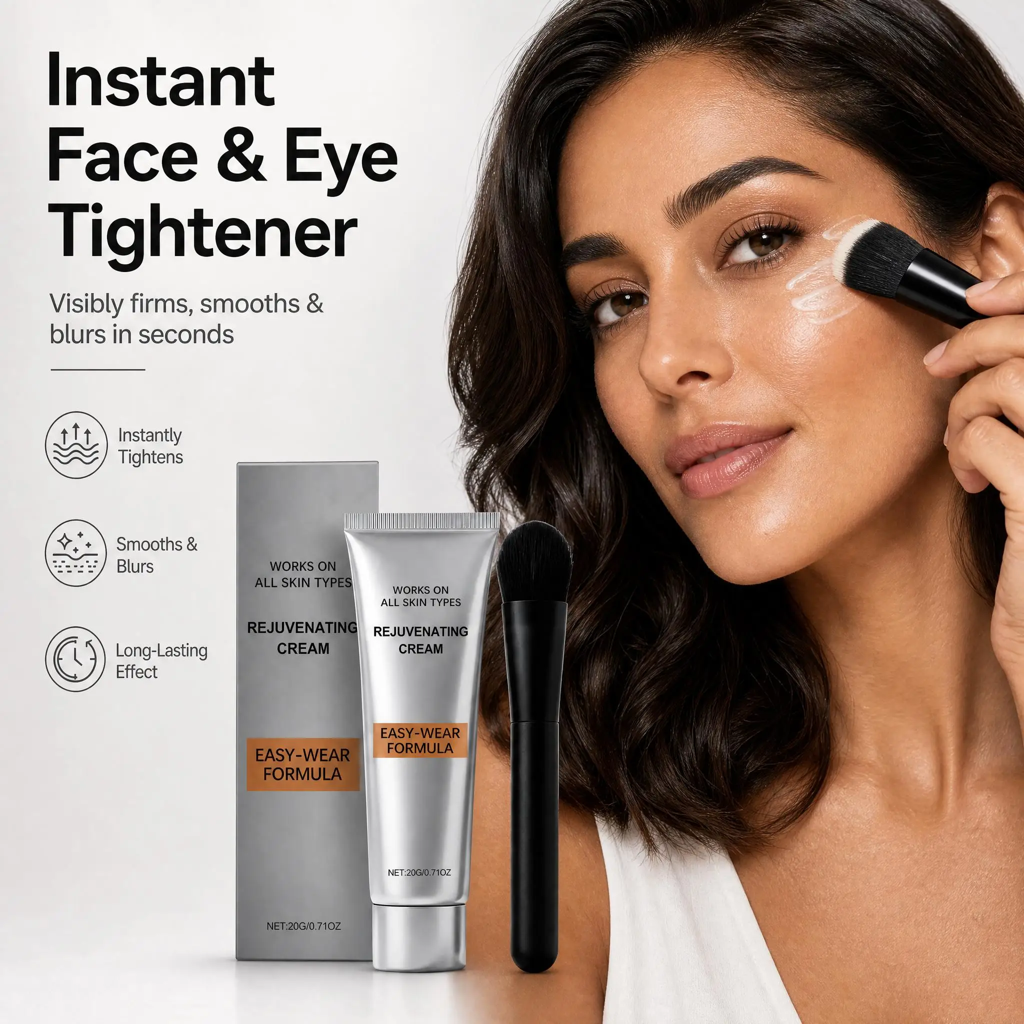 Eye Tightener Cream With Hyaluronic Acid & Vitamin E,Instant Firm Primer With Brush,Easy-Wear Formula For Lift Smooth Face Skin
