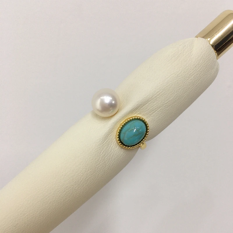 

ZHBORUINI 100% Natural Freshwater Pearl Ring For Women 14K Gold Plated Turquoise Open Ring Jewelry Party Girls Wholesale