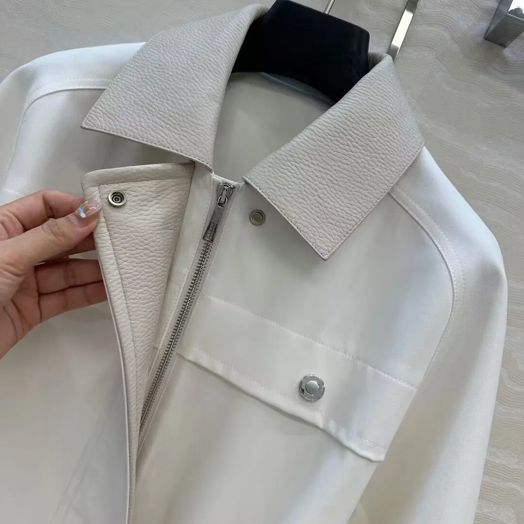 2025 Nieuwe Herfst Luxe Schapenvacht Leer Patchwork Witte Trenchcoat Vrouwen Revers Rits Lange Mouw Slanke Riem Vintage Overjas