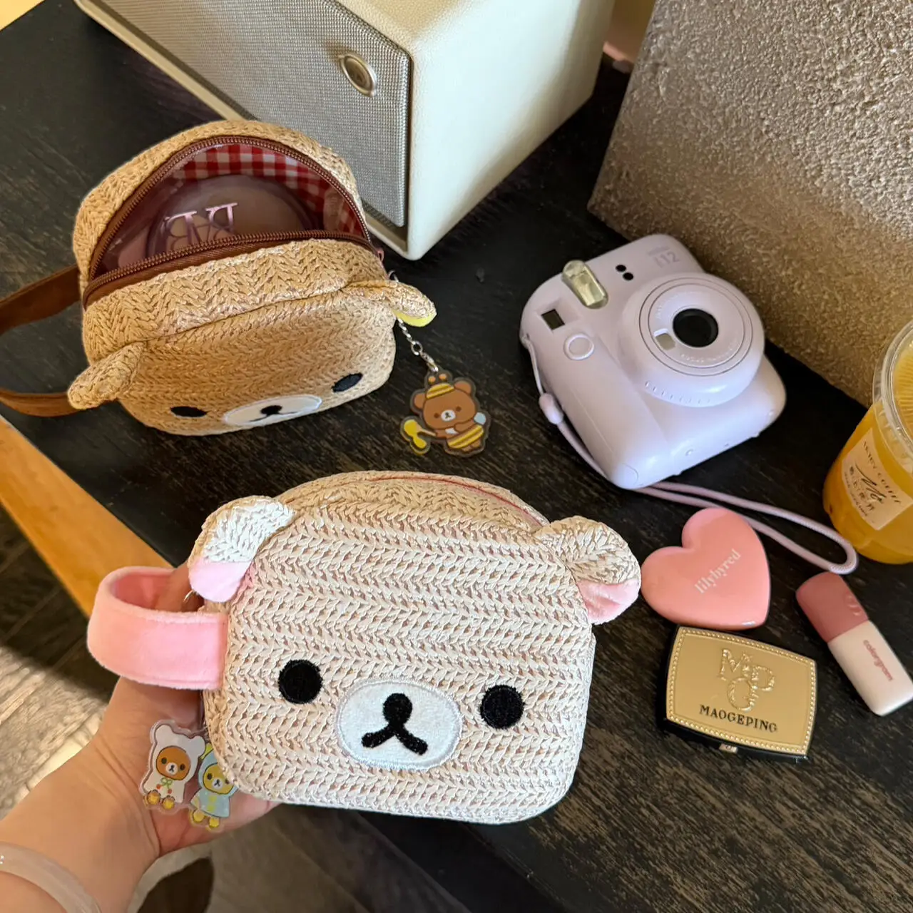 Cute Bear Straw Woven Cosmetic Bag, Cartoon Bear Portable Handheld Storage Pouch For Camera Makeup Small Items