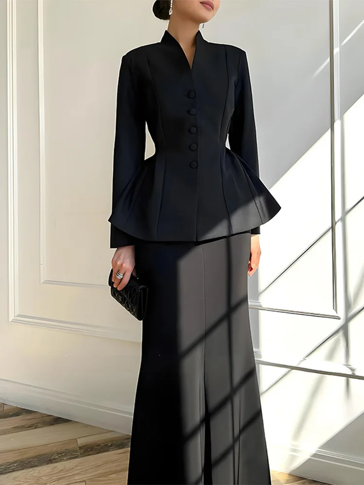 

2026 Элегантный однотонный женский пиджак с воротником-стойкой, комплект на бедрах, тонкие женские длинные юбки, комплекты