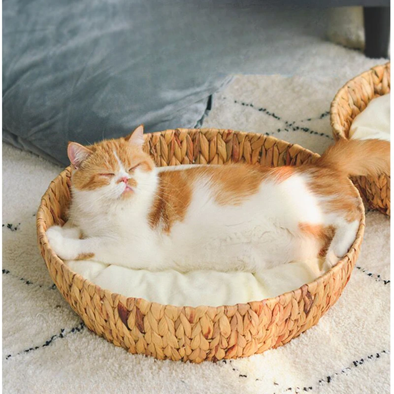 Japanese Home Bed For Cats Handmade Vine Weaving Cat's House Metal Frame Pet Products Comfortable Breathable Cat Scratch Board