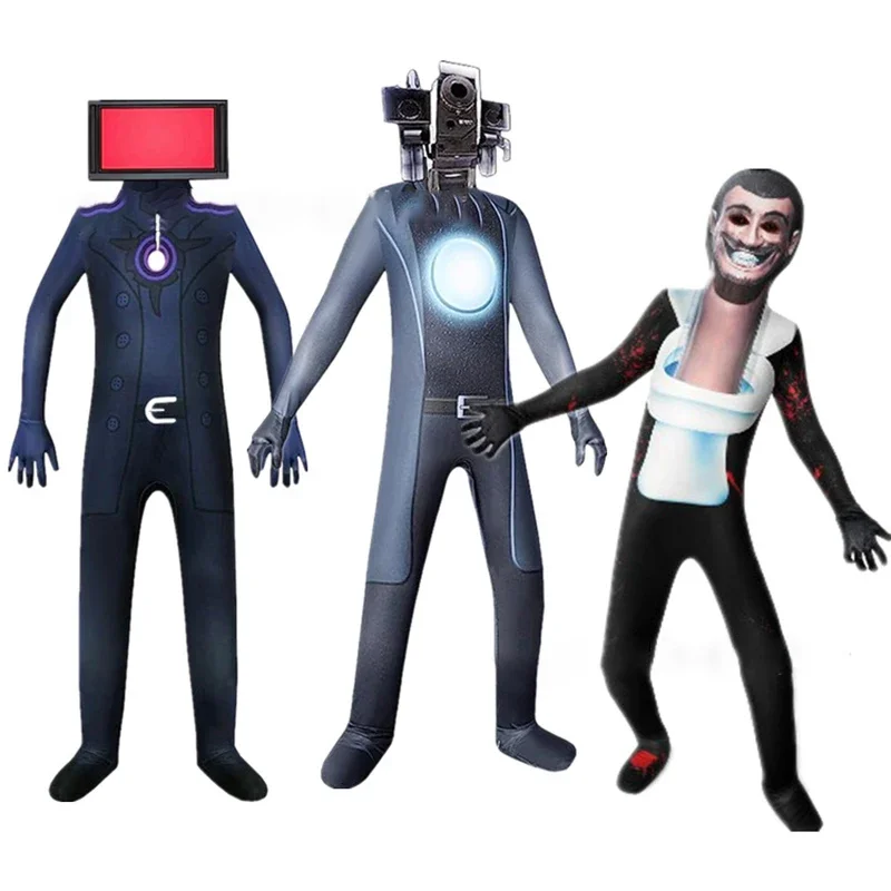 HN8 เกม Skibidi ห้องน้ําคอสเพลย์เครื่องแต่งกายผู้ใหญ่เด็ก Canival ปาร์ตี้ฮาโลวีนบอดี้สูทลําโพงทีวีกล้องวิดีโอ Jumpsuit หน้ากาก Fo8...Gf