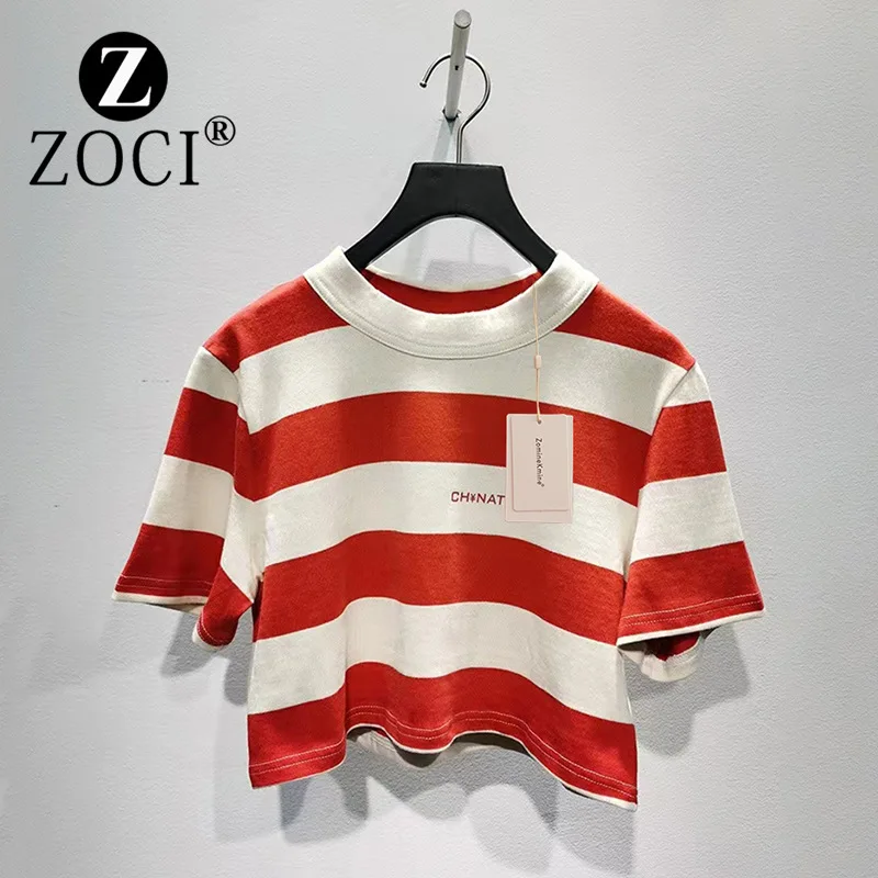 

[ZOCI] Niche New Round Neck Color Blocked Cotton Linen Thick Striped Short Sleeved Crop Top T-shirt