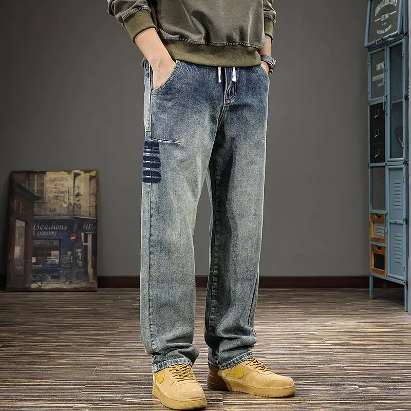 

Новые осенние широкие джинсы для мужчин в американском ретро-стиле, модные повседневные свободные прямые брюки, мужские джинсы.