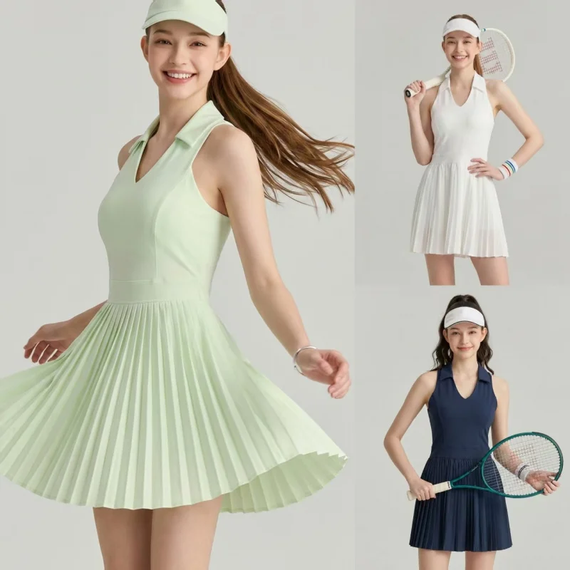 Apex Active New Polo V-Neck Sports Dress Racer Back Tennis Pleated Dress Anti-Exposure Pickleball Badminton Dress With Chest Pad