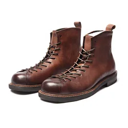 Short Face Men Work Boots Handpainted Genuine Leather Retro Ankle Boots Chelsea Men