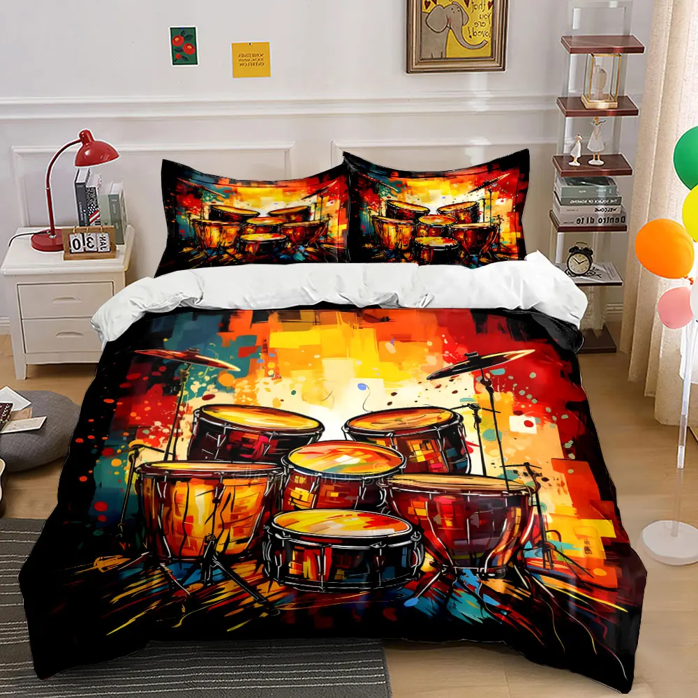 Colorful Abstract Drum Set Artwork Print Bedding Set 1 Duvet Cover 2 Pillowcases for Adult and Children Luxury Gift Full Size