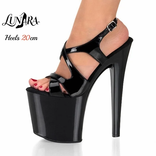 Womens 20cm/8Inch Black Patent Ankle Strap Buckle Open Toe Platform Stilettos Sandals Stripper shoes Exotic Pole dance Club Rave