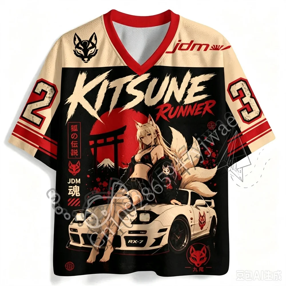 2026 Kitsune Runner Motorcycle T‑Shirt Japanese Culture Retro Punk Y2K Unisex Beach Streetwear Summer Short Sleeve Tee