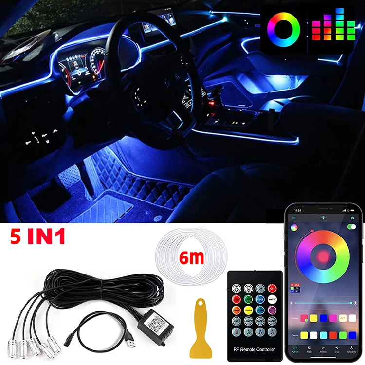 Led Auto Interieur Ambient Strip Lights Rgb Fiber Optic Sfeer Neon Verlichting Kit W/App Afstandsbediening Auto Decoratieve Lampen