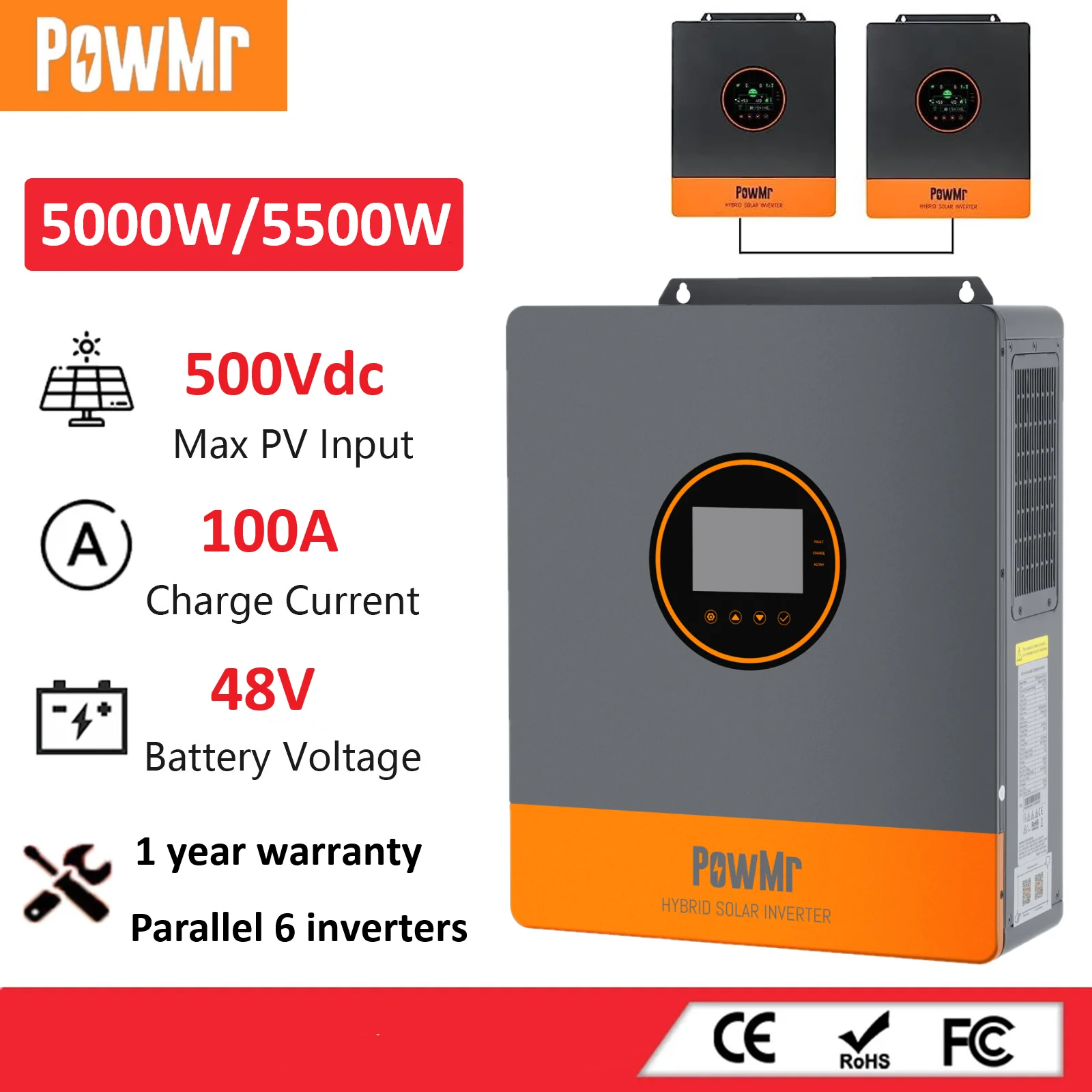 

Гибридный инвертор PowMr 48В 5200Вт/5000Вт, чистая синусоида, 110В, автономный солнечный инвертор MPPT 100А, двойная зарядка, макс. входное напряжение PV 500В DC