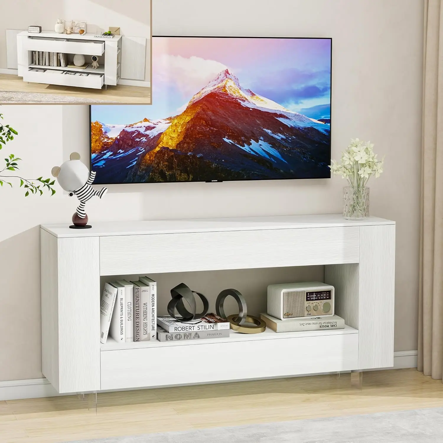 

Тумба под телевизор для 65-дюймового телевизора с 2 большими ящиками и скрытыми отсеками для хранения, современная подставка для ТВ-централа для L-образных телевизоров