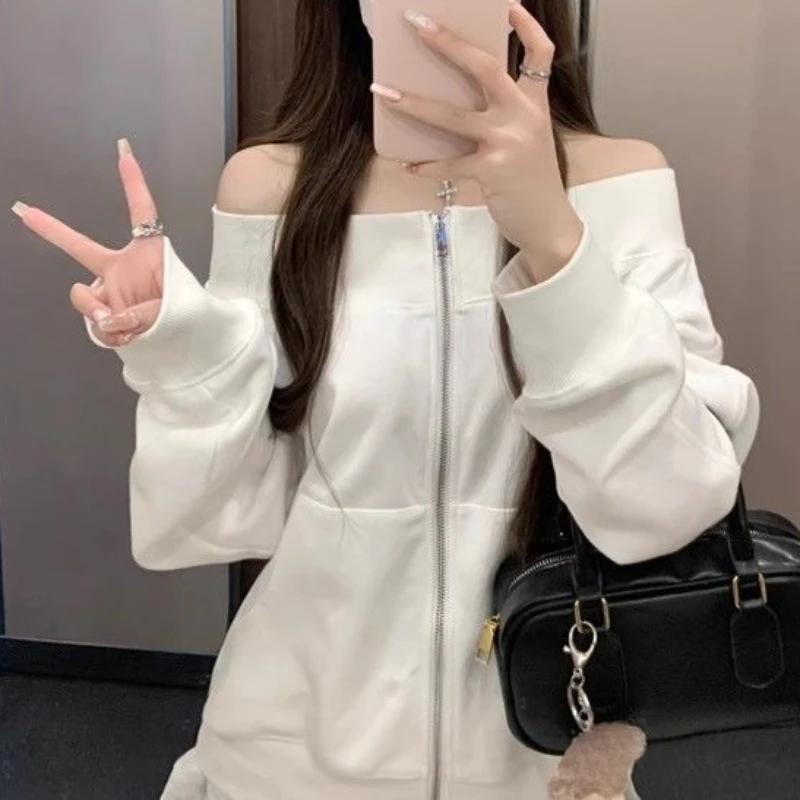 American Punk Y2k One Off Shoulder Jacket Women Vintage Preppy Style Hot Girl Coat Spring New Fashion Slim Zipper Cardigan 2026