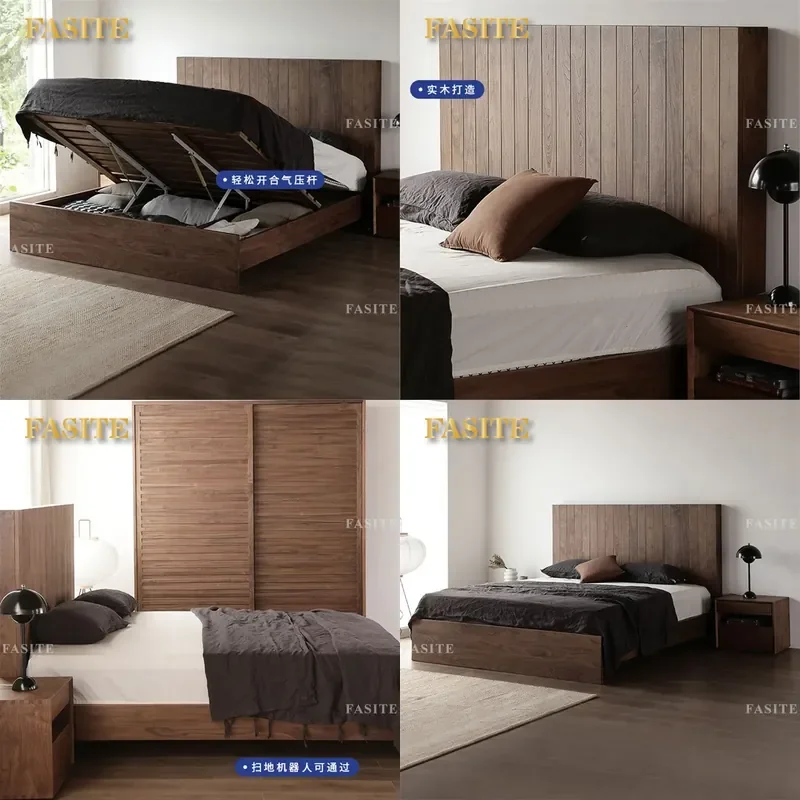 For 1.8m Double Bed Modern Nordic Simple Black Walnut Solid Wood Master Bedroom Japanese High Box Storage Bed Furniture