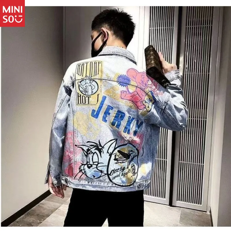

Miniso 2025 Ripped Denim Jacket Tom and Jerry Graffiti Heavy Duty Korean Style Unisex Spring Autumn Coat