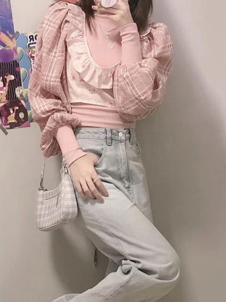 Conjunto de blusas de manga abullonada para mujer, blusas femeninas de estilo Retro coreano, estampadas para uso diario, Kawaii, elegantes, de diseñador