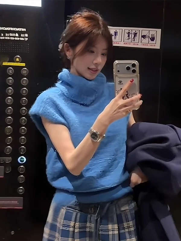 

Синий вязаный жилет с высоким воротником, свободного кроя, для женщин, осенне-зимний, новый, стройнящий, комфортный, средний размер S