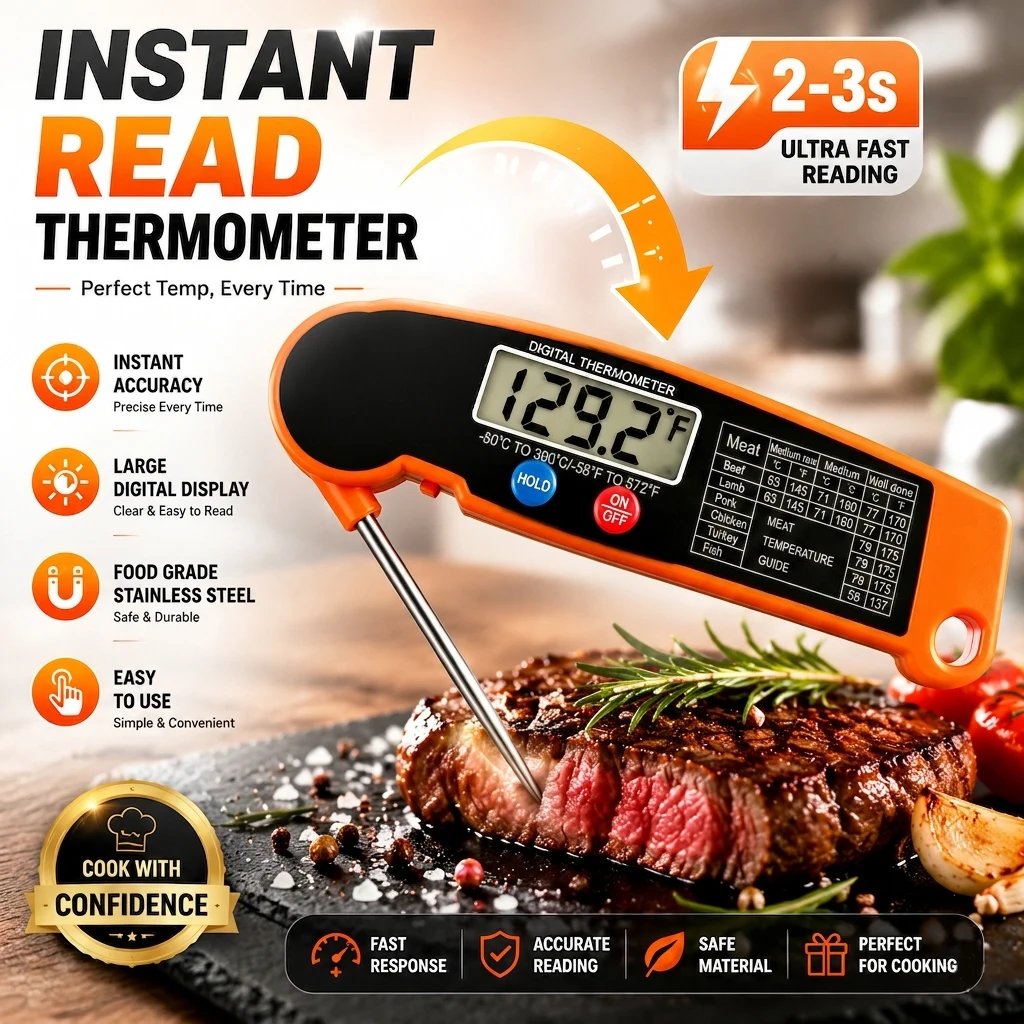 Digital Meat Thermometer Instant Read Food Thermometer Foldable Probe Stainless Steel LCD for BBQ Grill Cooking Oil Milk Water